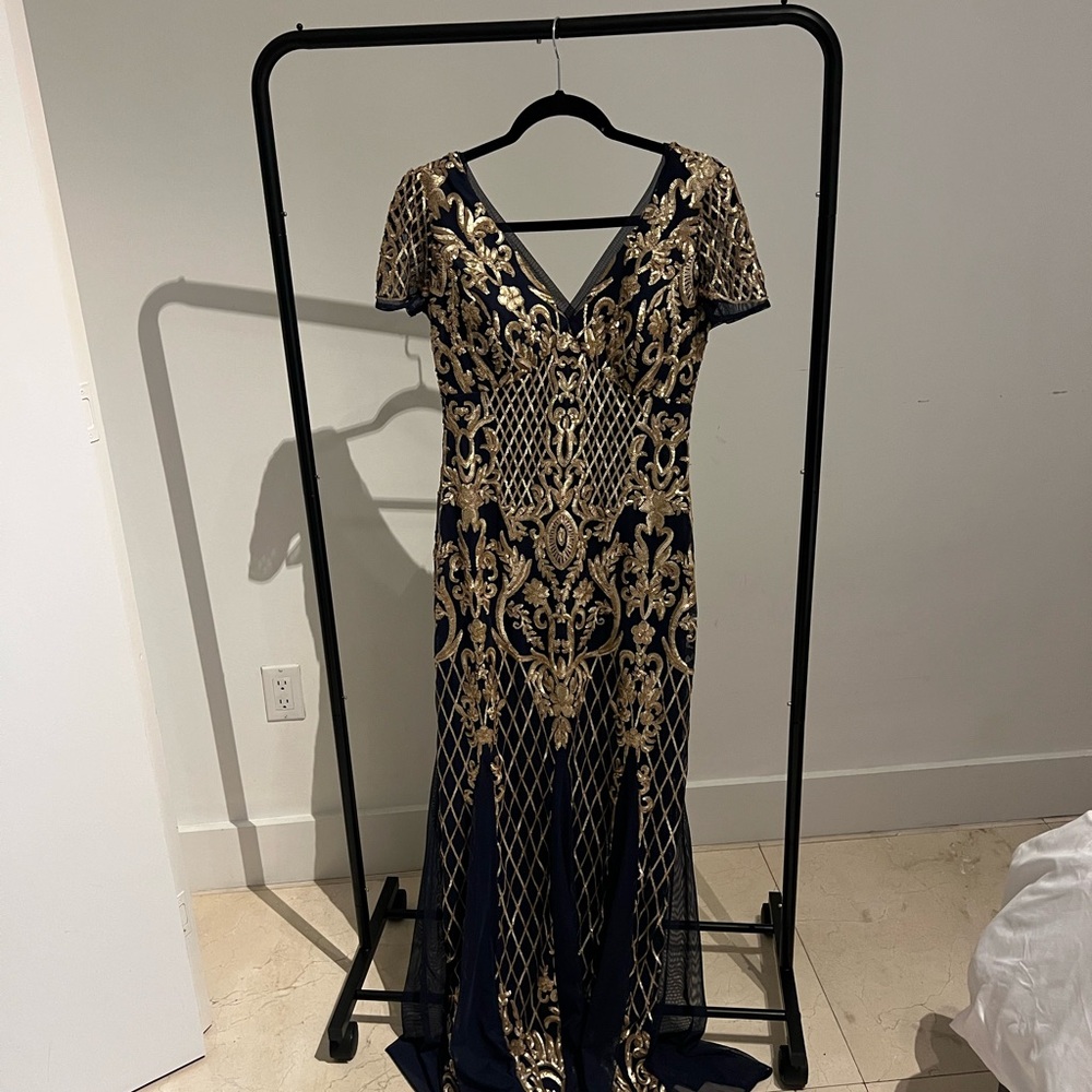 R&M Richards Black and Gold Maxi Gown with Flutter Sleeves